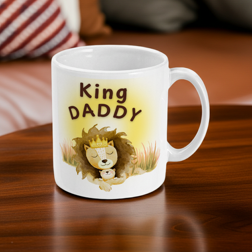 11oz Mug King Daddy with Cute lion and Cub design, on a wooden table, right side 