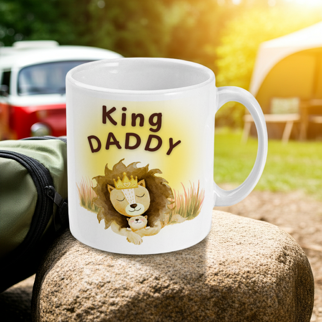 11oz Mug King Daddy with Cute lion and Cub design. On a rock in a camping setting
