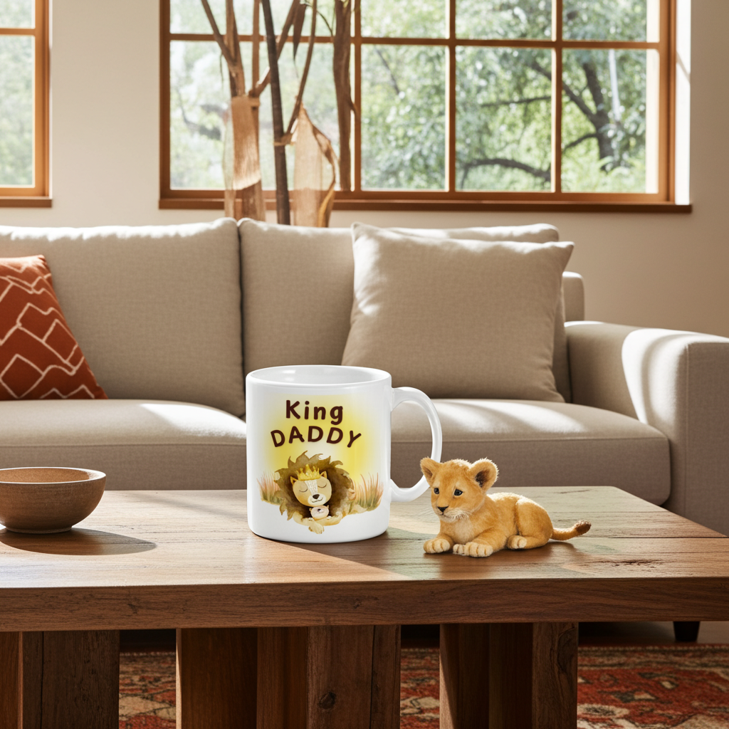 11oz Mug King Daddy with Cute lion and Cub design. On a wooden coffee table 