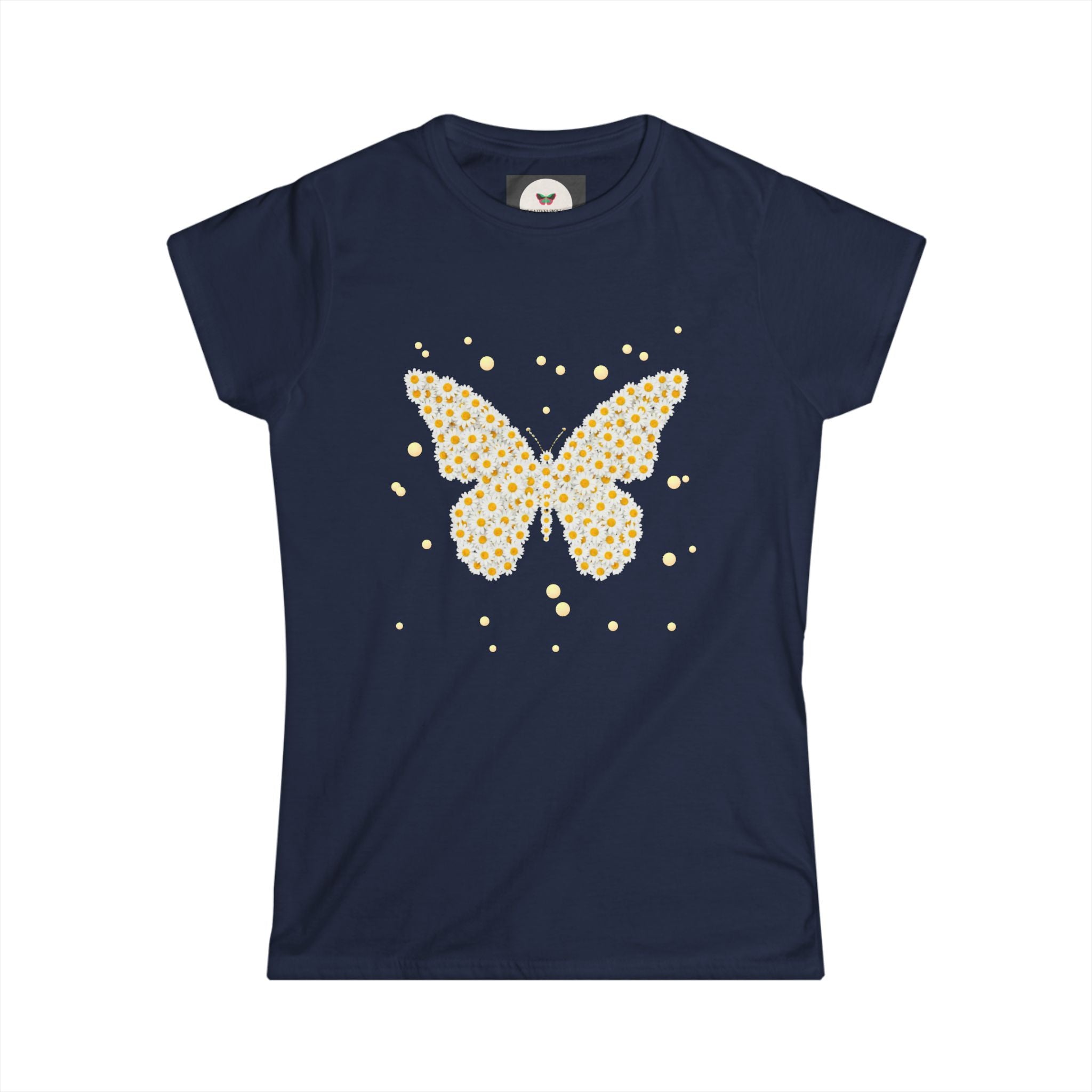Women's butterfly graphic t-shirt in navy with yellow daisy butterfly and sparkle dots