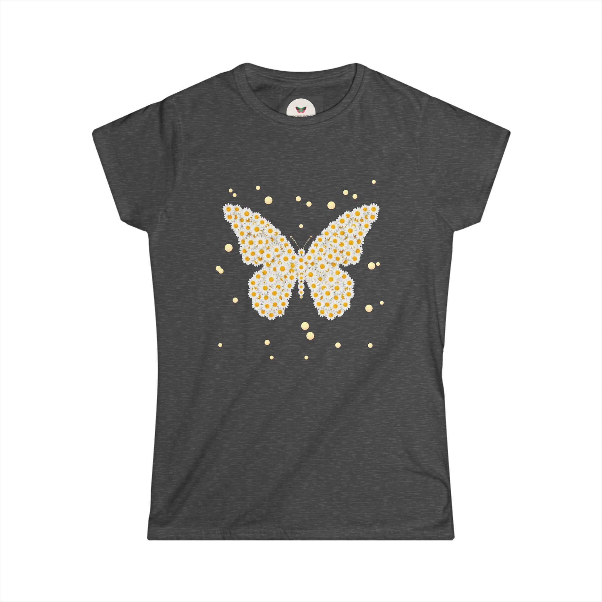 Women's butterfly graphic t-shirt in charcoal gray with yellow daisy butterfly and sparkle dots