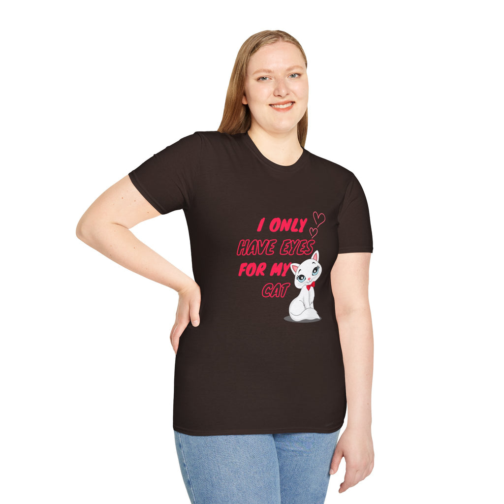 I Only Have Eyes For My Cat graphic T-shirt in dark chocolate, mock-up, cute cat illustration, Gildan 64000 cotton tee, front viewing