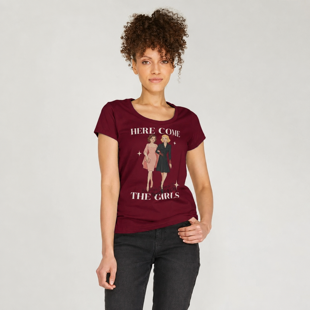 Here Come the Girls T-shirt `Stanley Stella Stella Expresser 2.0. Woman wearing Here Come the Girls women's organic cotton T-shirt, burgundy, front view`