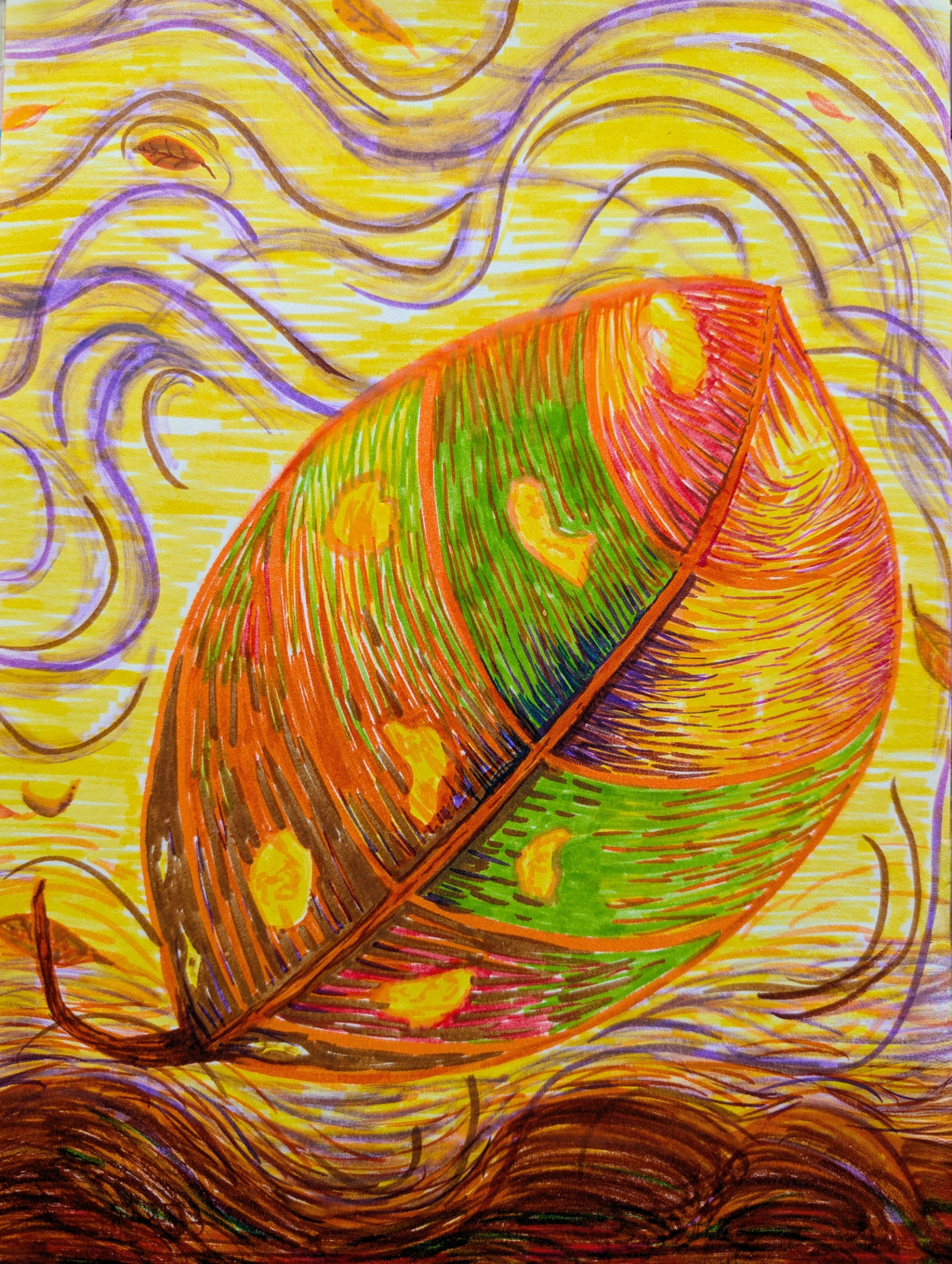 Digital copy of unique colourful drawing of an Autumn leaf on a windy day