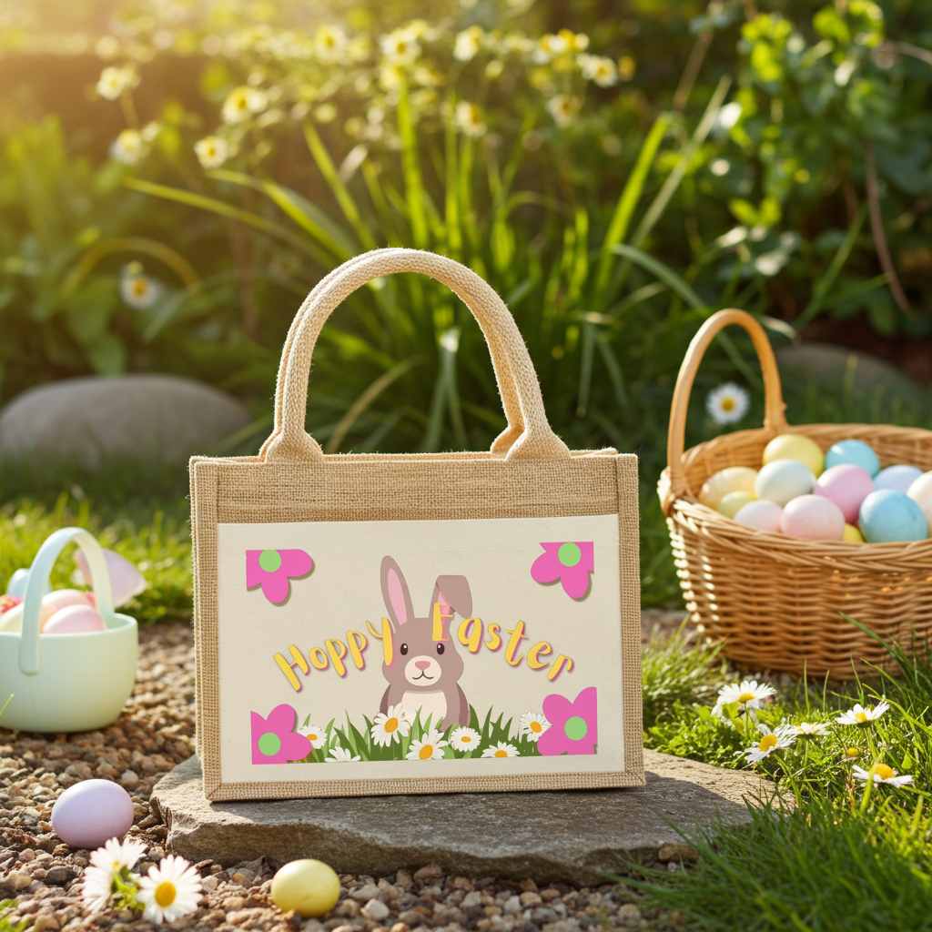 Westford Mill Cotton pocket jute gift bag: Hoppy Easter