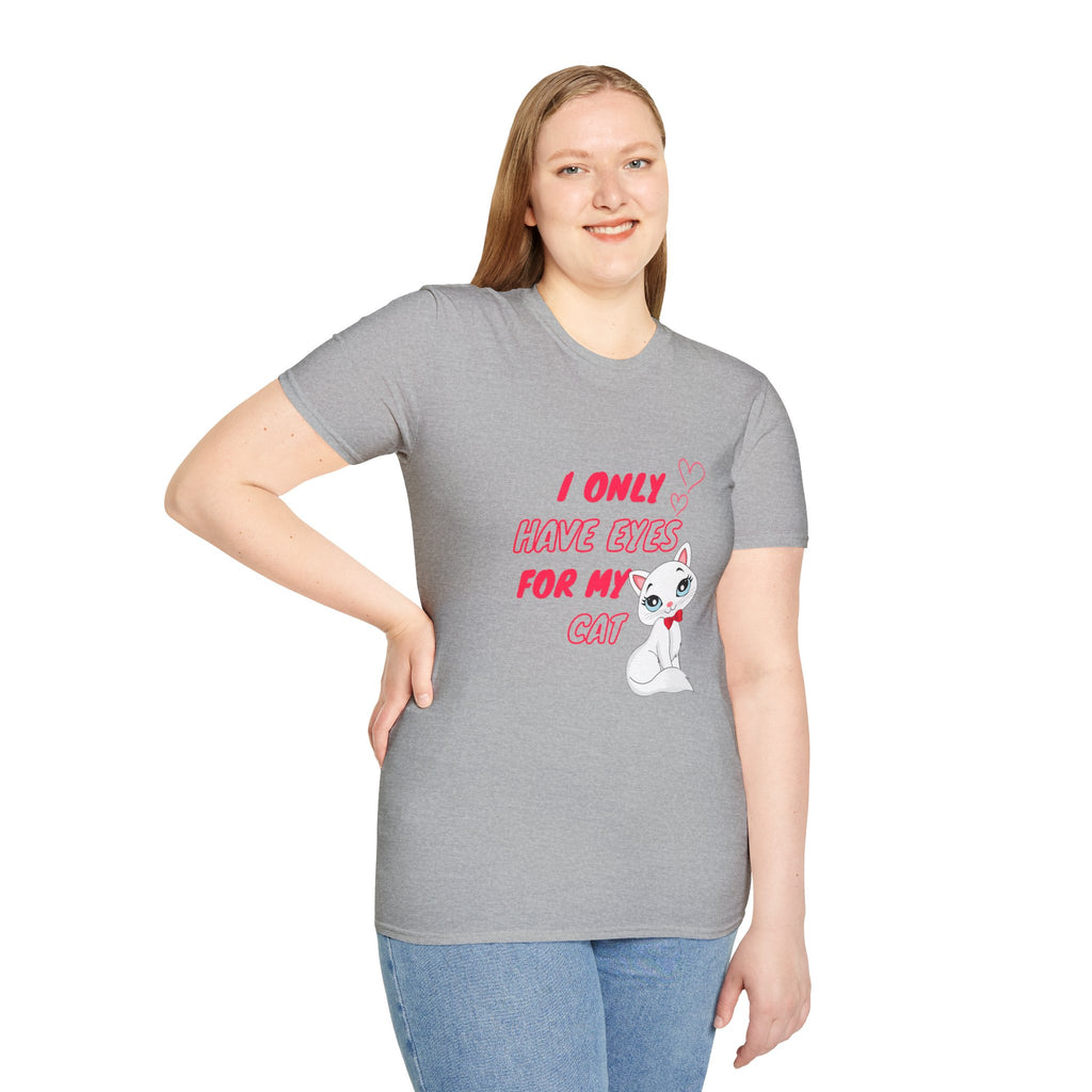 I Only Have Eyes For My Cat graphic T-shirt in sport grey, mock-up, cute cat illustration, Gildan 64000 cotton tee, front viewing