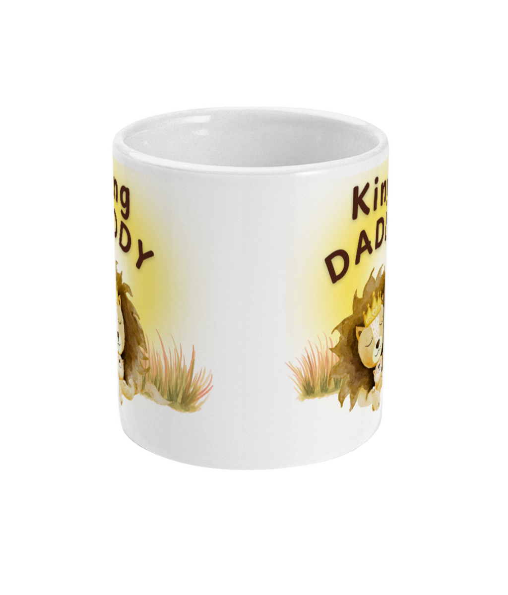 White mug with a lion design and text on a white background. Front side 
