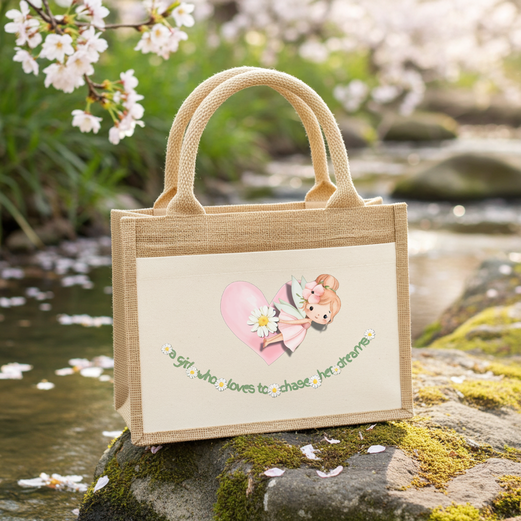 Westford Mill Cotton pocket jute gift bag: a girl who loves to chase her dreams