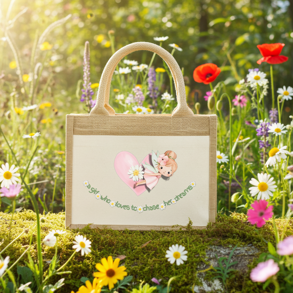 Westford Mill Cotton pocket jute gift bag: a girl who loves to chase her dreams