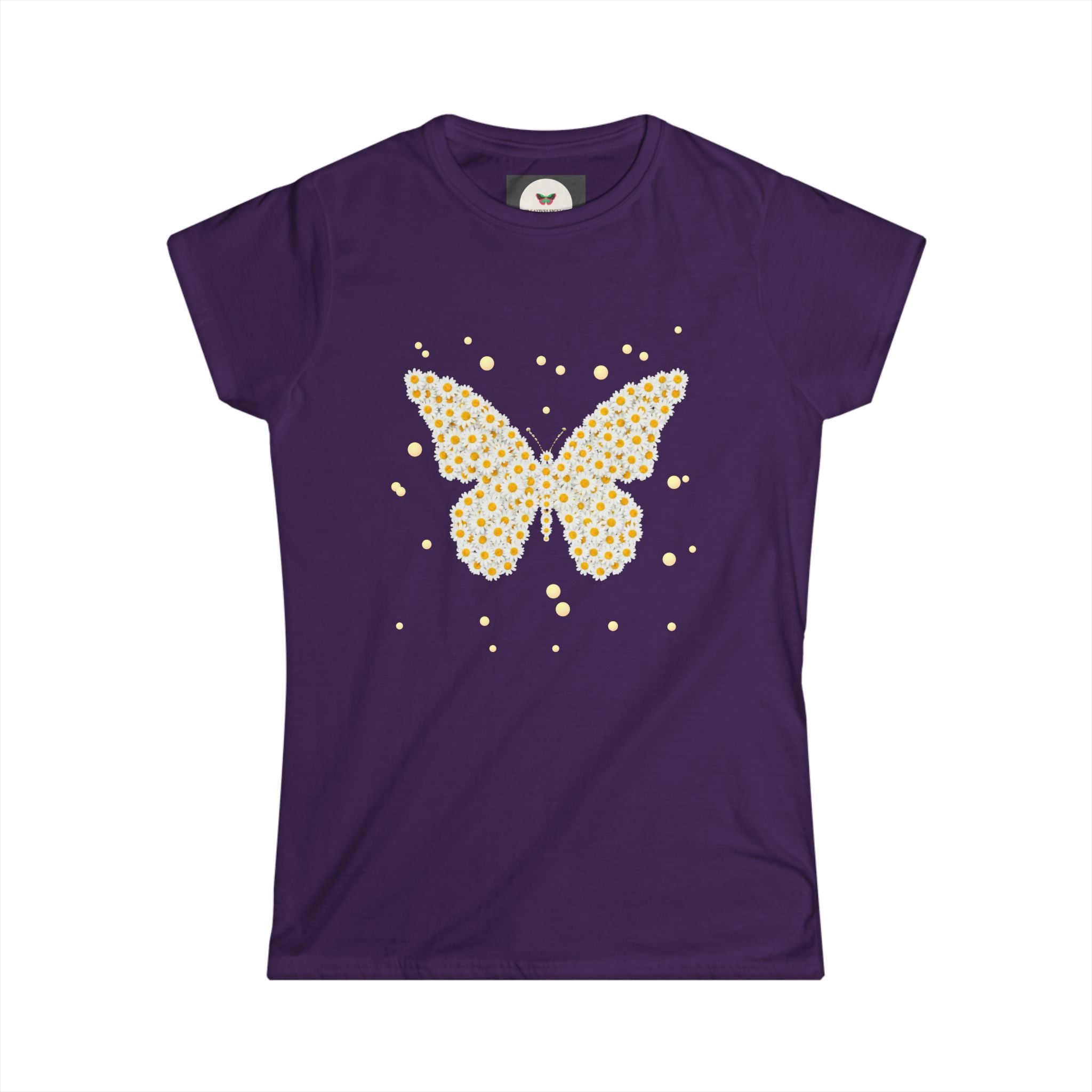 Women's butterfly graphic t-shirt in dark purple with yellow daisy butterfly and sparkle dots