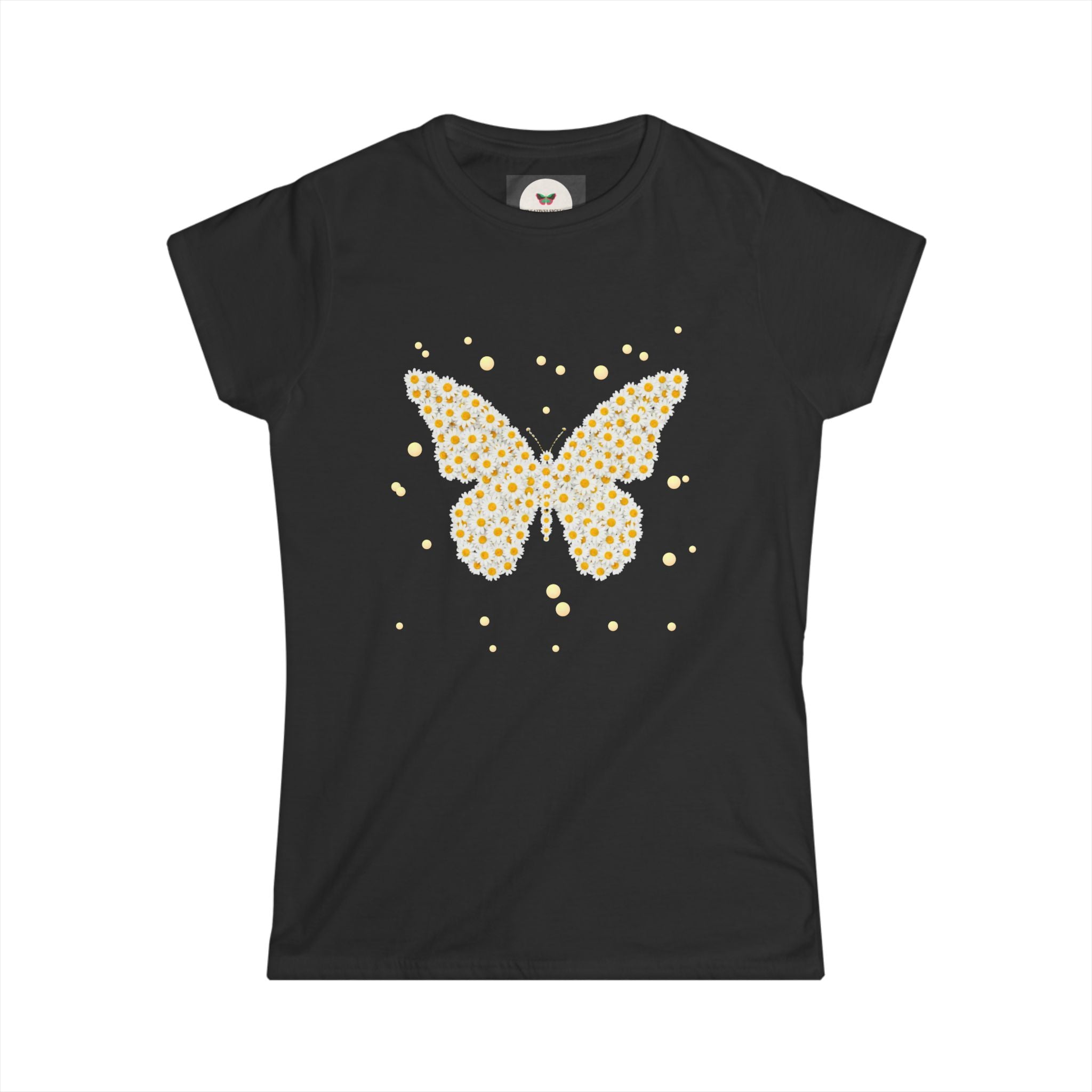 Women's butterfly graphic t-shirt in black with yellow daisy butterfly and sparkle dots