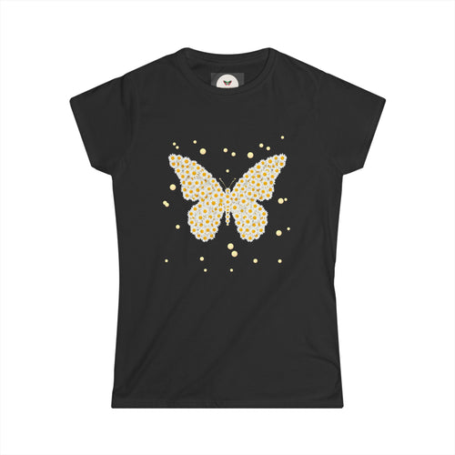 Women's butterfly graphic t-shirt in black with yellow daisy butterfly and sparkle dots