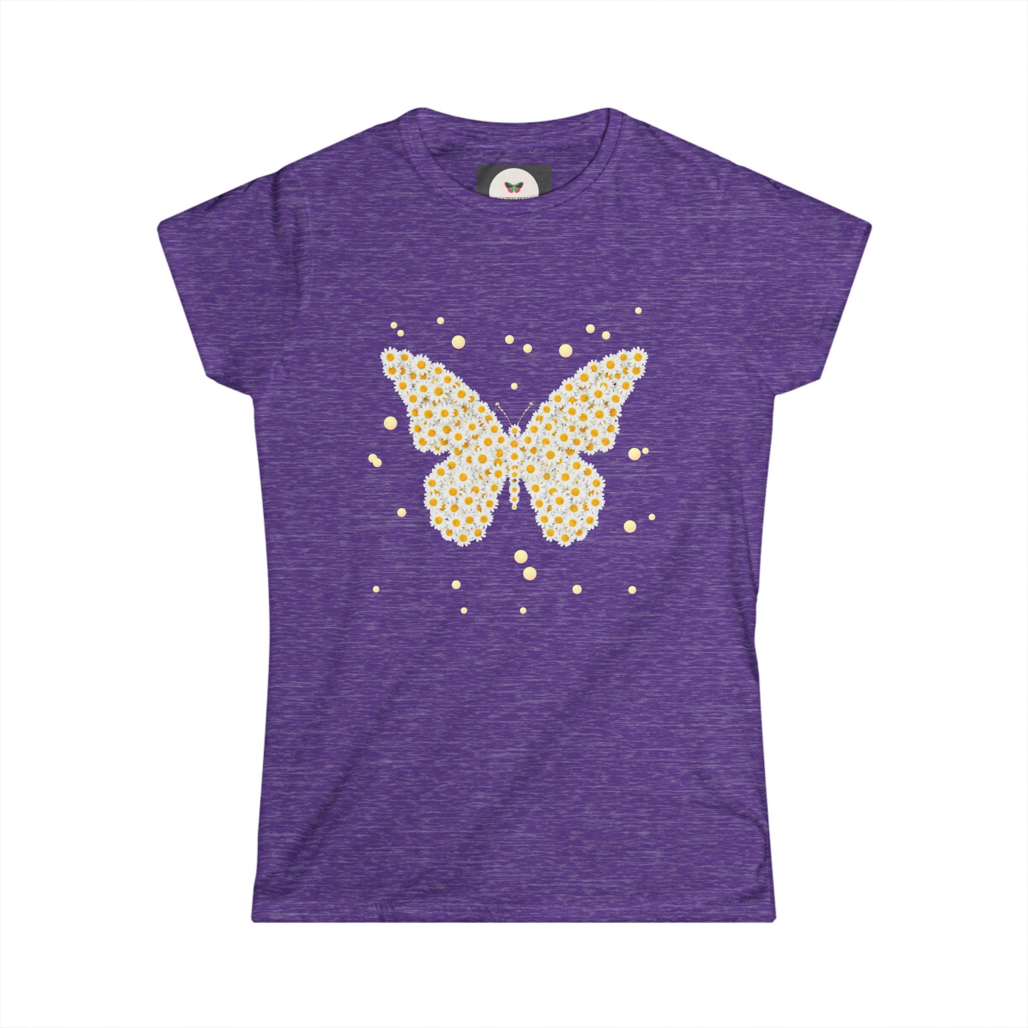 Women's butterfly graphic t-shirt in purple with yellow daisy butterfly and sparkle dots