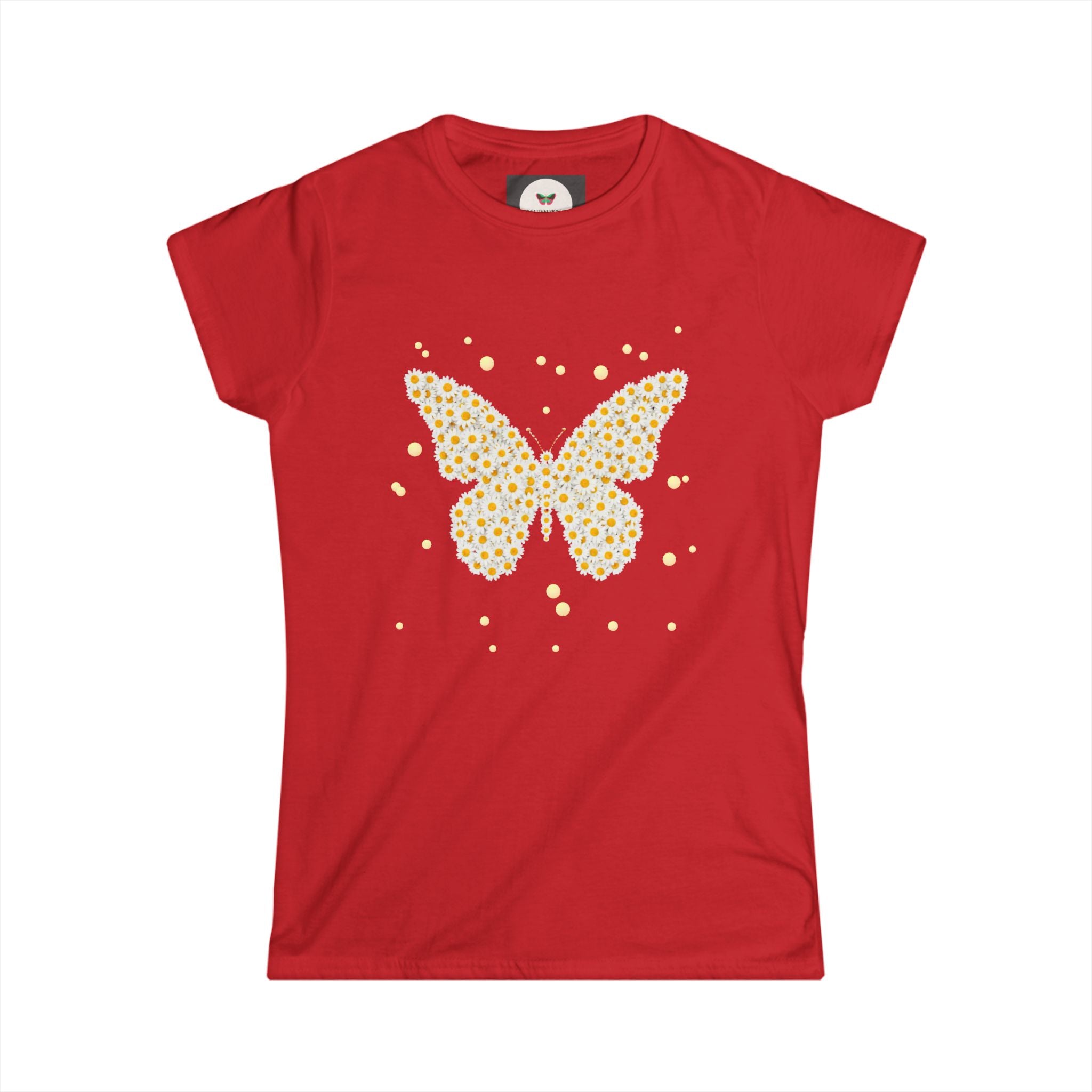 Women's butterfly graphic t-shirt in red with yellow daisy butterfly and sparkle dots