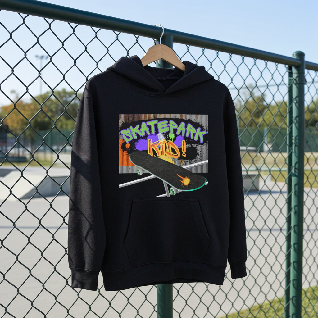 Skatepark Kid! Hoodie `AWDis kids hoodie Skatepark Kid design, 80% cotton 20% polyester, EU safety compliant, deep black, front view` hanging up in a skateboard park