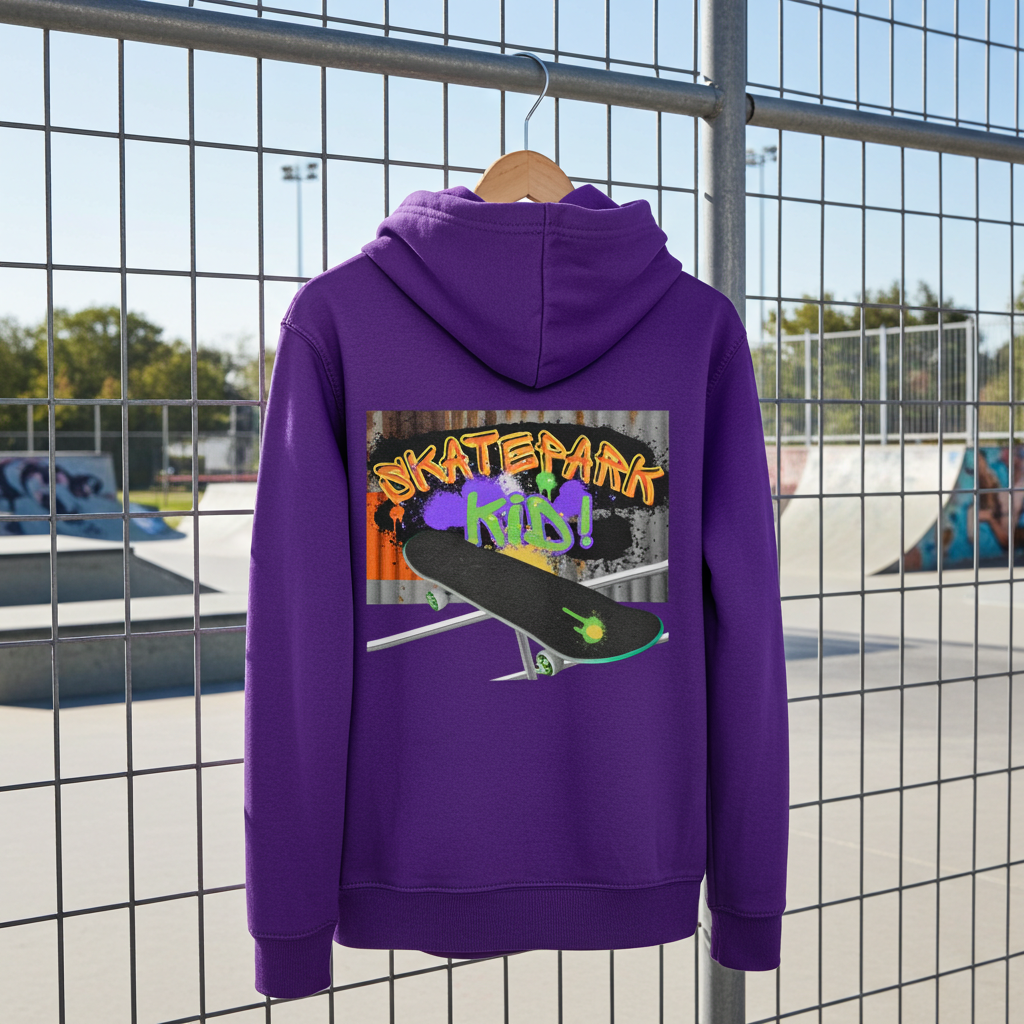 Skatepark Kid! Hoodie `AWDis kids hoodie Skatepark Kid design, 80% cotton 20% polyester, EU safety compliant, purple, back view` hanging up in a skateboard park 