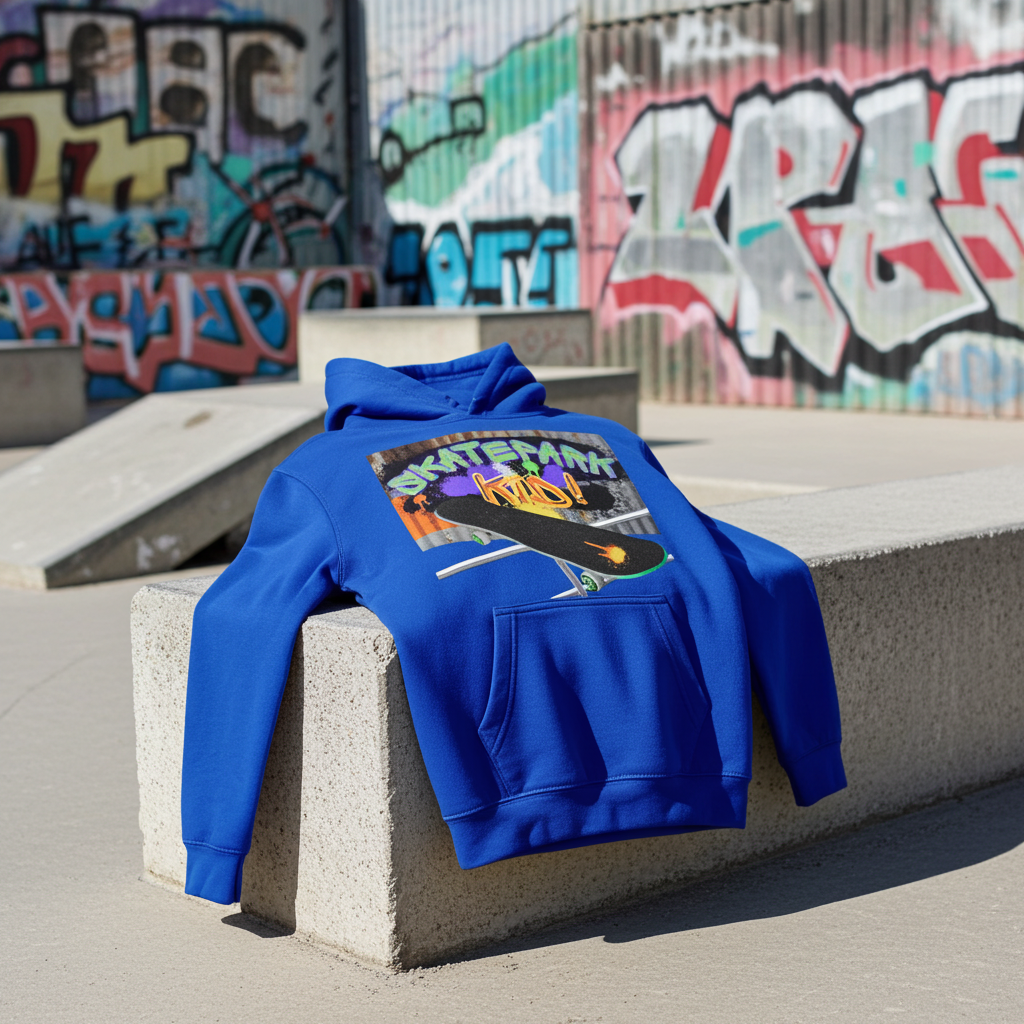 Skatepark Kid! Hoodie `AWDis kids hoodie Skatepark Kid design, 80% cotton 20% polyester, EU safety compliant, bright royal, front view` laid out on a concrete platform in a skateboard park 