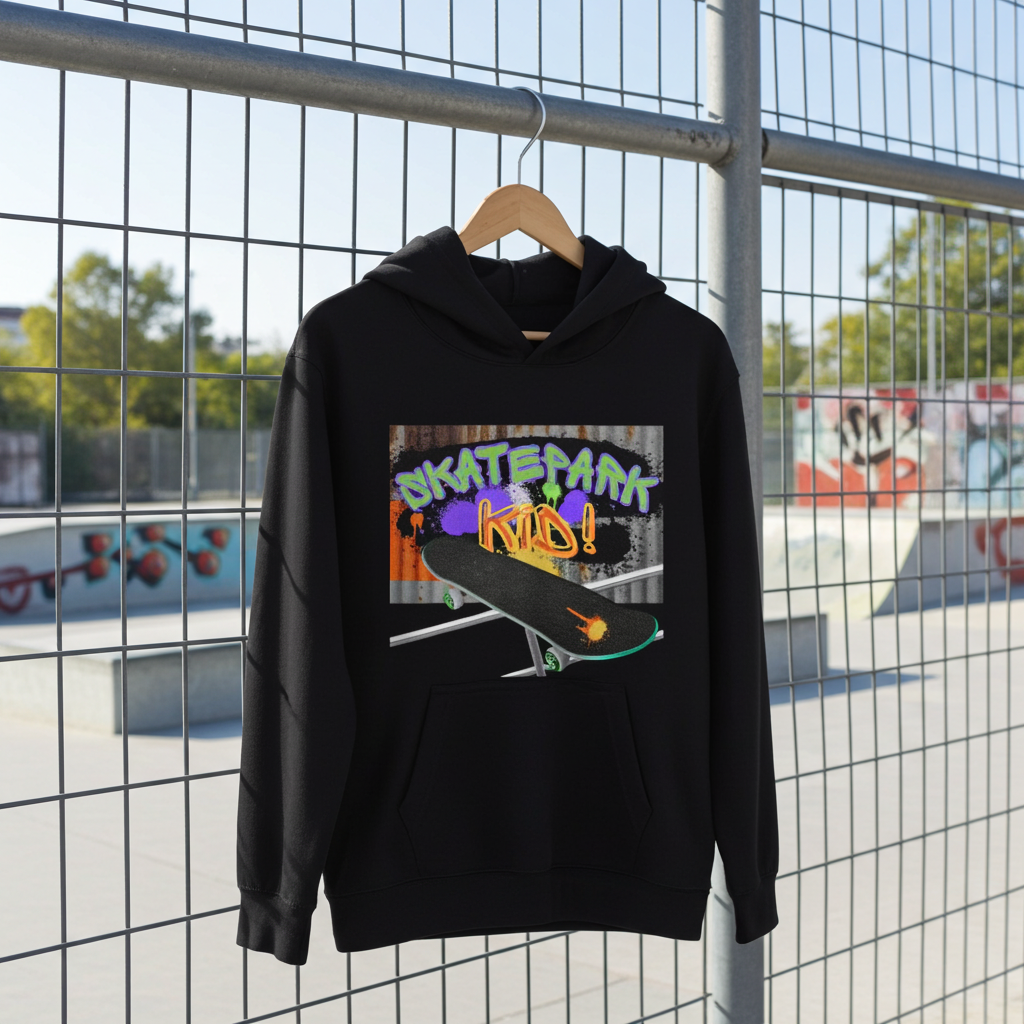 Skatepark Kid! Hoodie `AWDis kids hoodie Skatepark Kid design, 80% cotton 20% polyester, EU safety compliant, deep black, front view` hanging up on a metal fence 