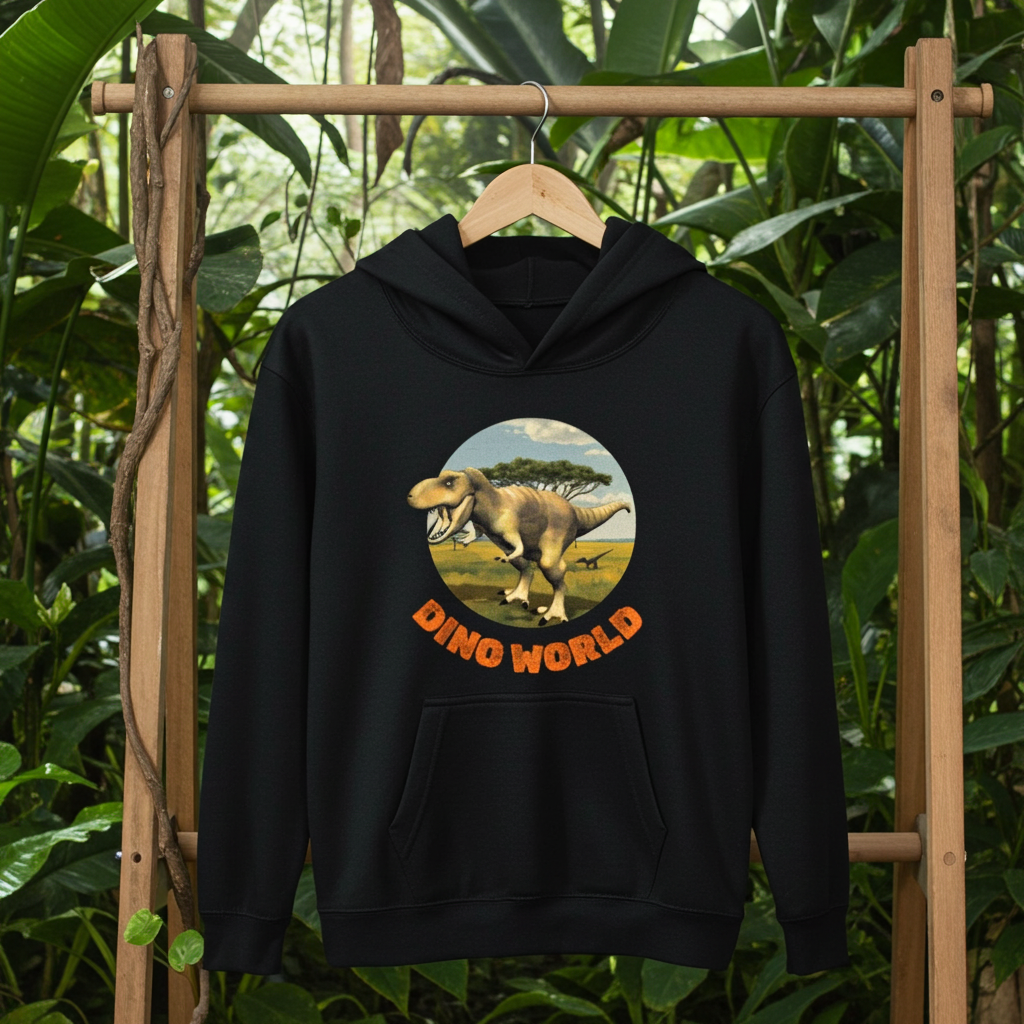 Dino World Hoodie `AWDis Kids Hoodie: Dino World design, 80% cotton 20% polyester, EU safety compliant, deep black, front view` mock-up with Jungle scene