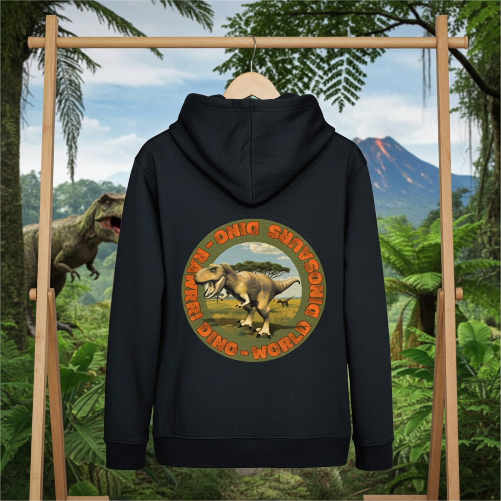Dino World Hoodie `AWDis Kids Hoodie: Dino World design, 80% cotton 20% polyester, EU safety compliant, deep black, back view` mock-up with Jurassic scene 