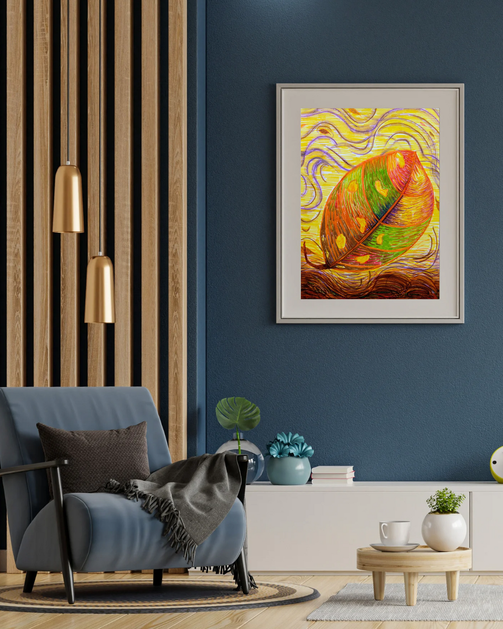 Digital copy of unique colourful drawing of an Autumn leaf on a windy day