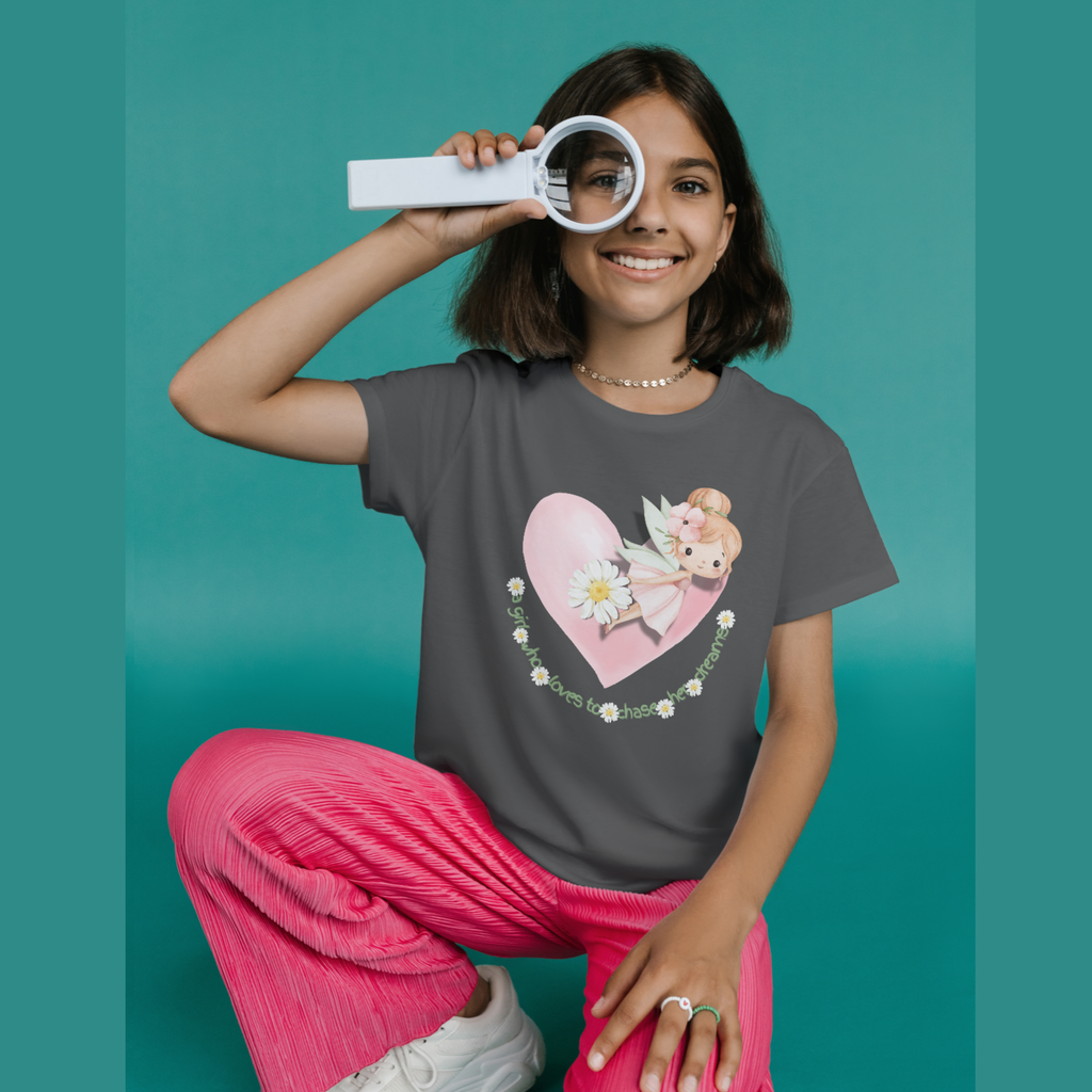 Girls' dark gray graphic T-shirt with pink heart and teddy bear print