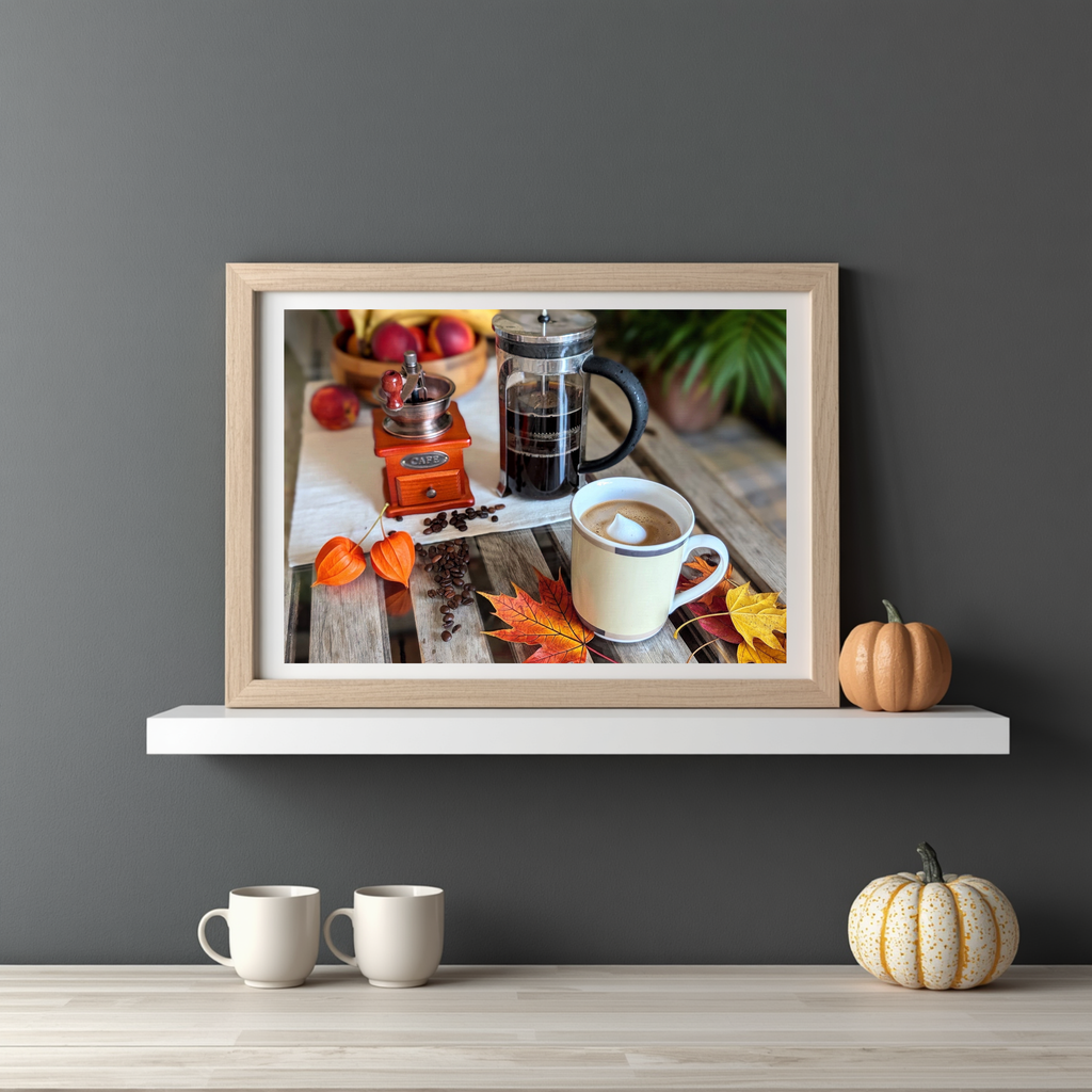 Framed autumn coffee still life photo with mugs, coffee maker, and seasonal decor