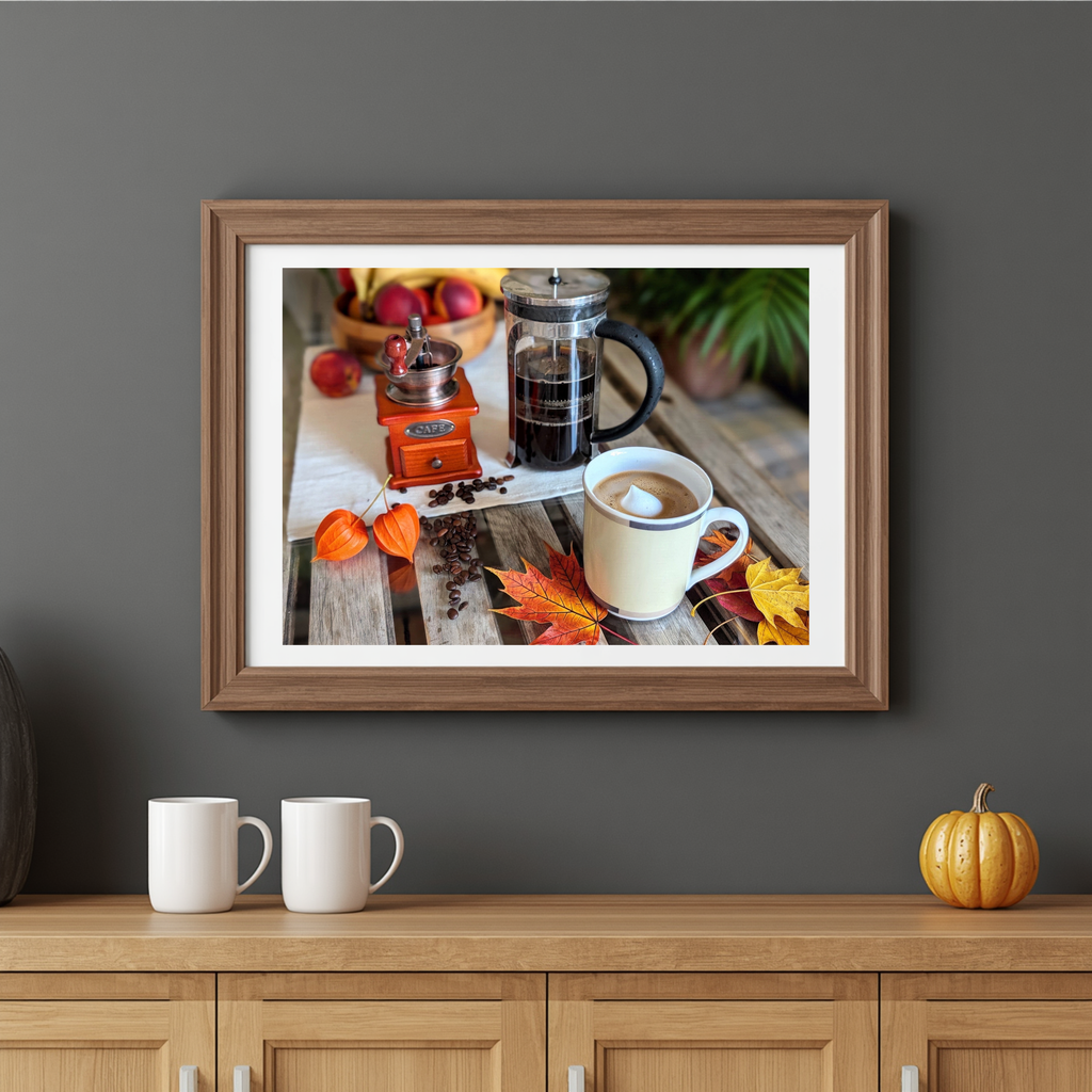 Framed autumn coffee still life print with coffee press, mug, and fall leaves