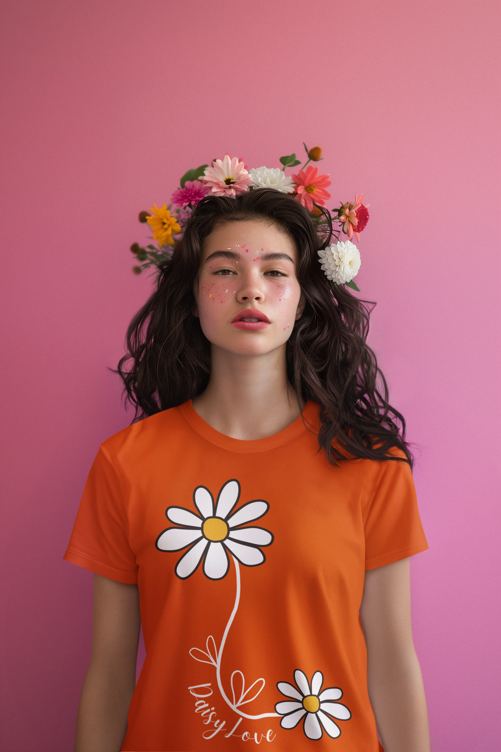 Fiesta colourway — Stanley Stella Muser Daisy Love T-shirt worn by a woman with floral head wreath