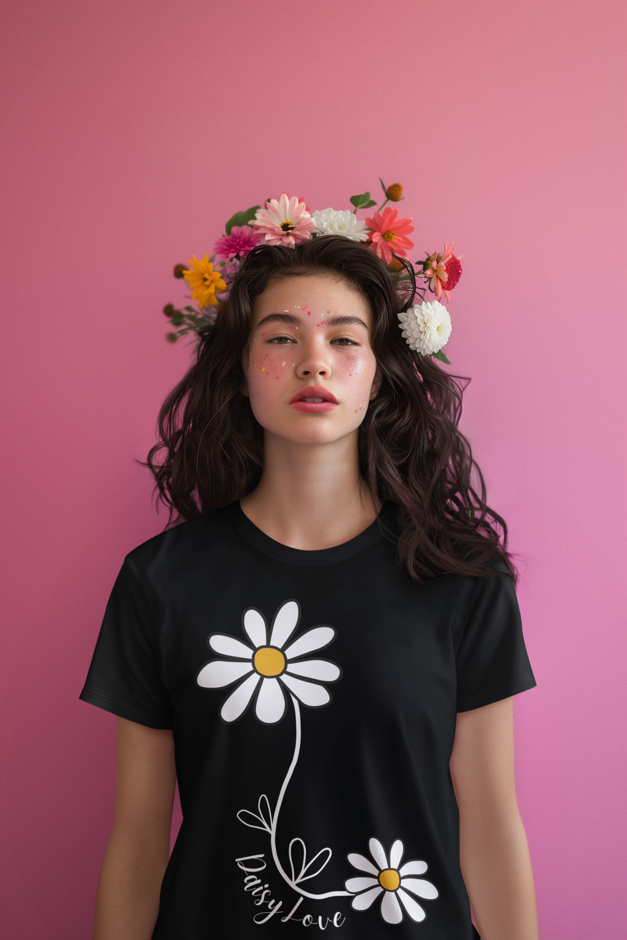 Woman wearing the Stanley Stella Muser Daisy Love black women's tee with floral head wreath - lifestyle shot