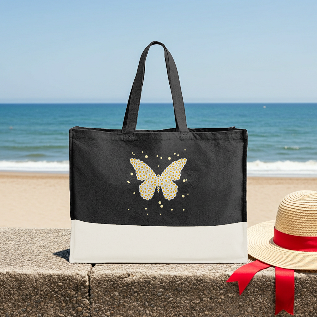 Tote bag in black with white bottom stripe and sparkling butterfly floral print