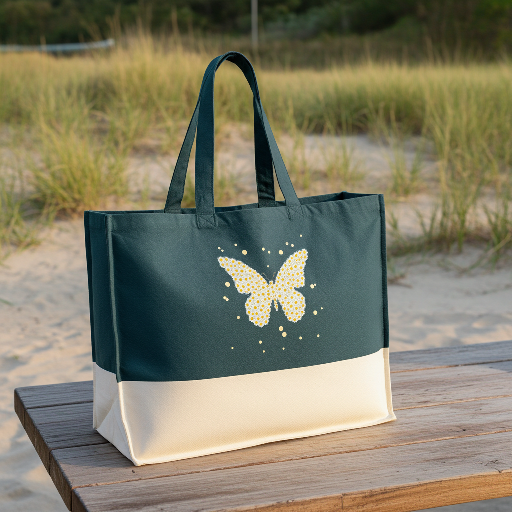 Tote bag in dark teal with white bottom and sparkling butterfly floral print