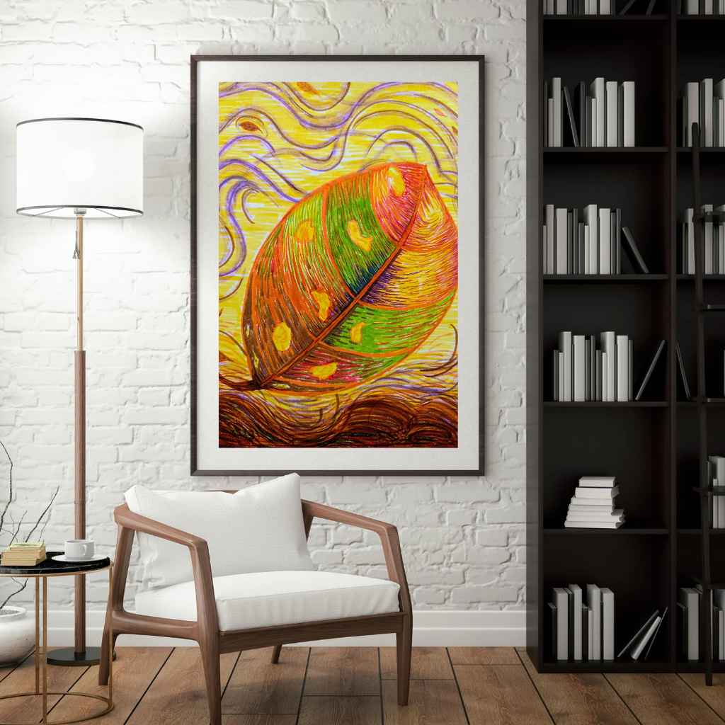 Digital copy of unique colourful drawing of an Autumn leaf on a windy day