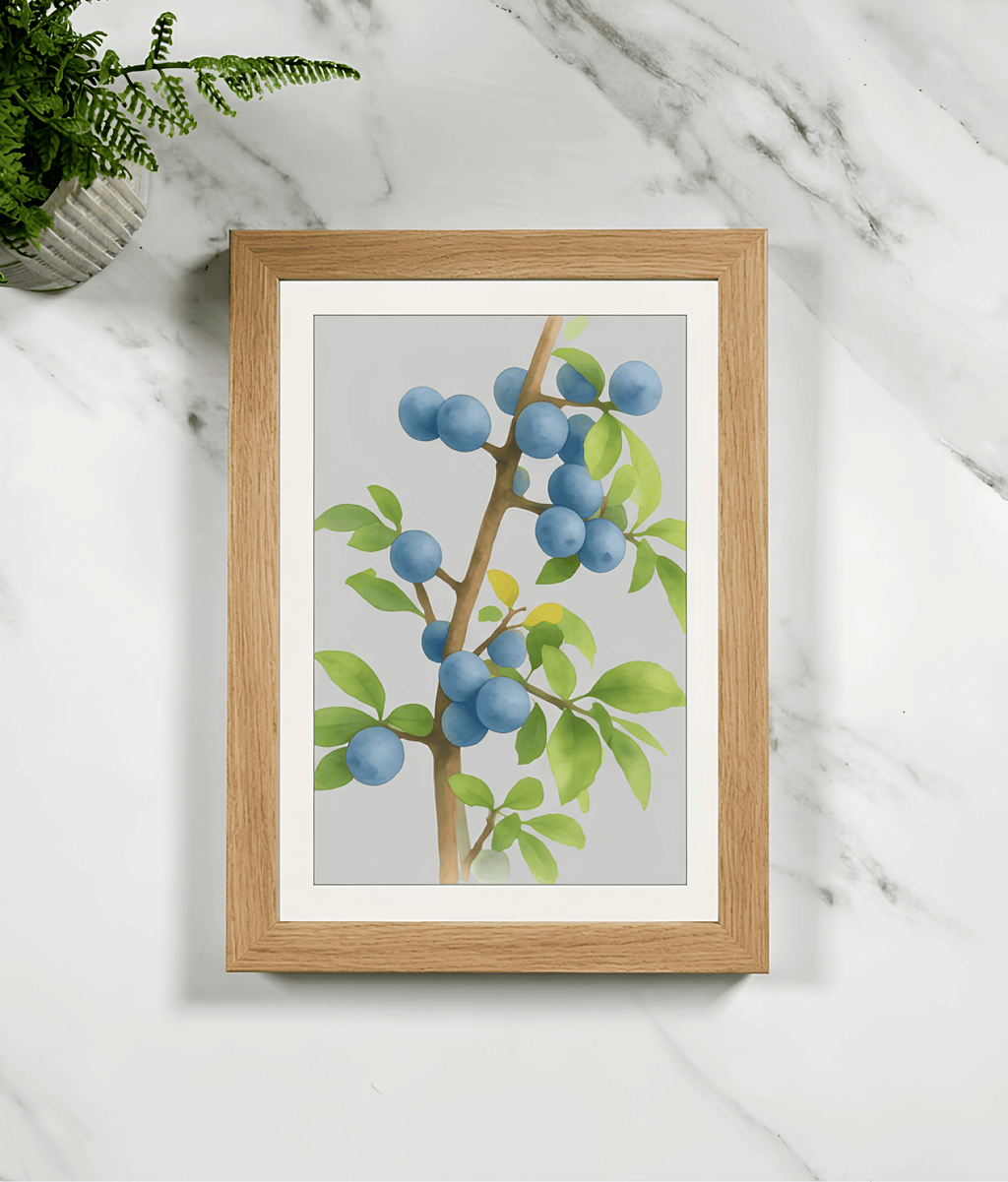 Wood framed print of blue berry branches with green leaves, botanical illustration