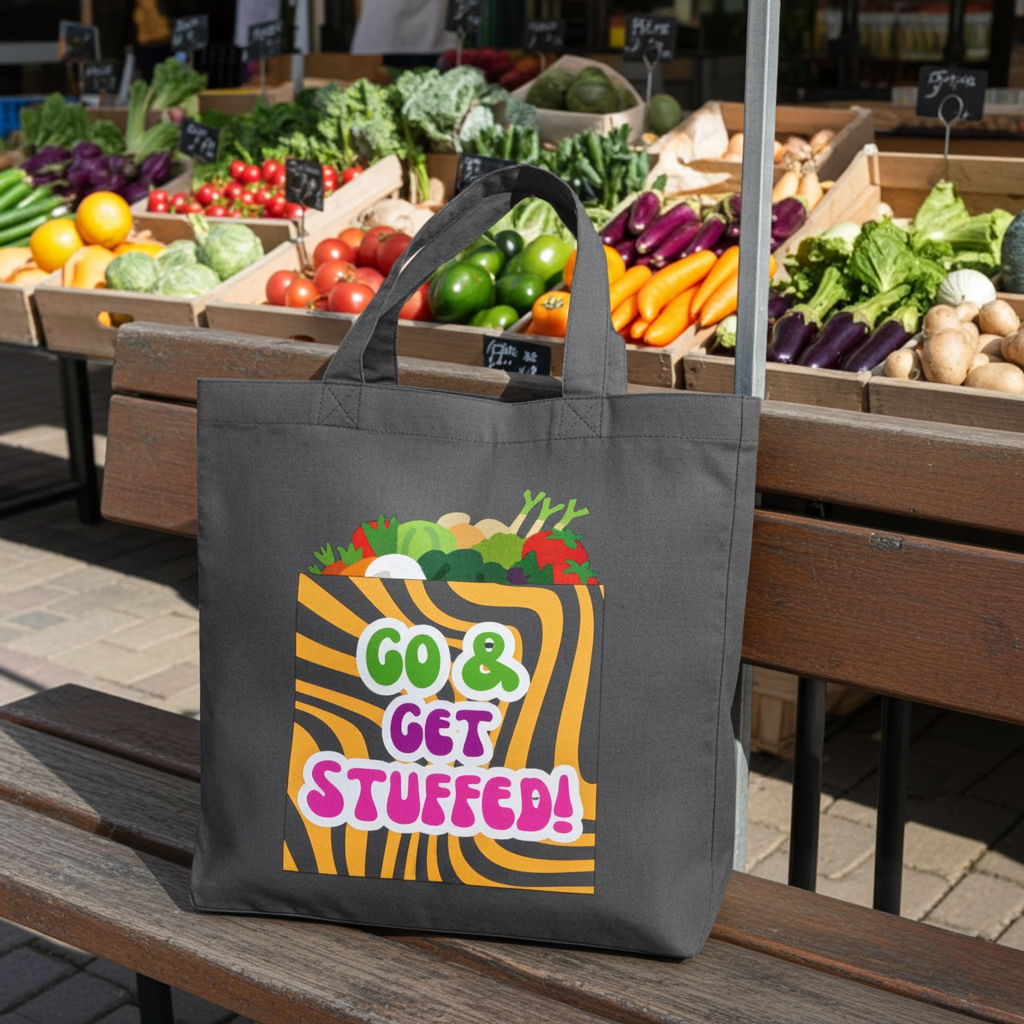 Stanley/Stella canvas tote bag with front 'Go & Get Stuffed!' graphic | in Anthracite 