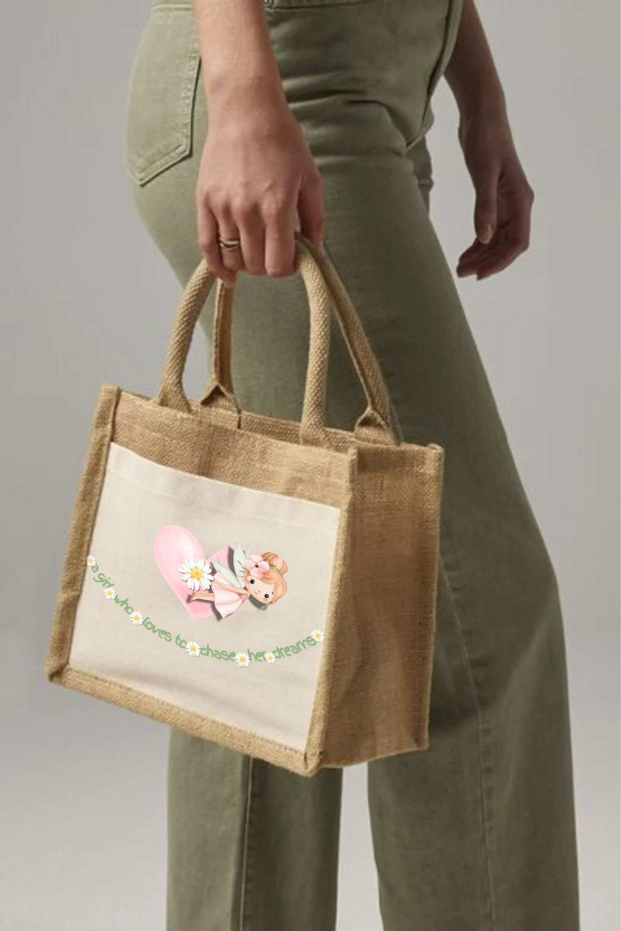 Westford Mill Cotton pocket jute gift bag: a girl who loves to chase her dreams