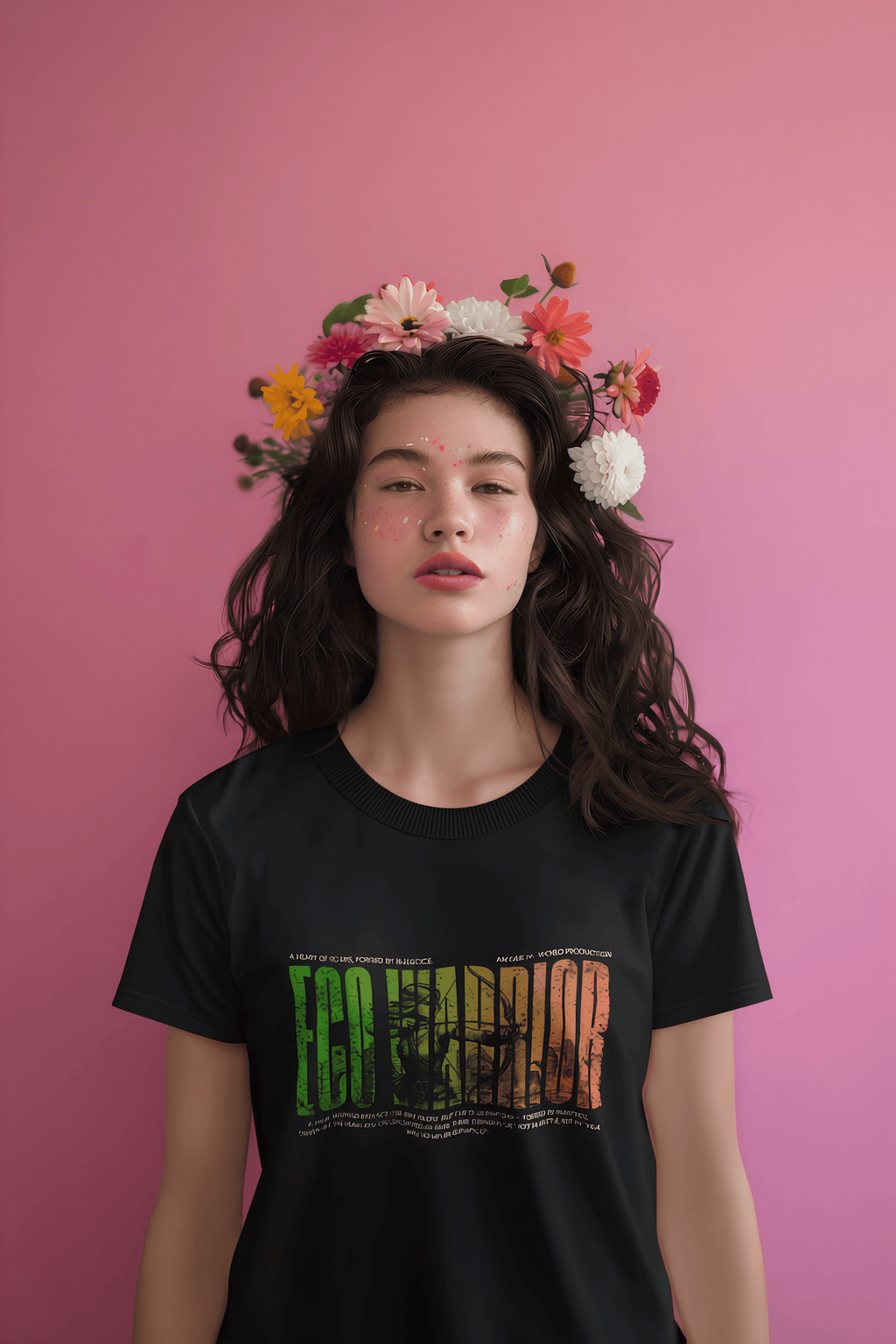 Black crew-neck T-shirt with colorful front text graphic