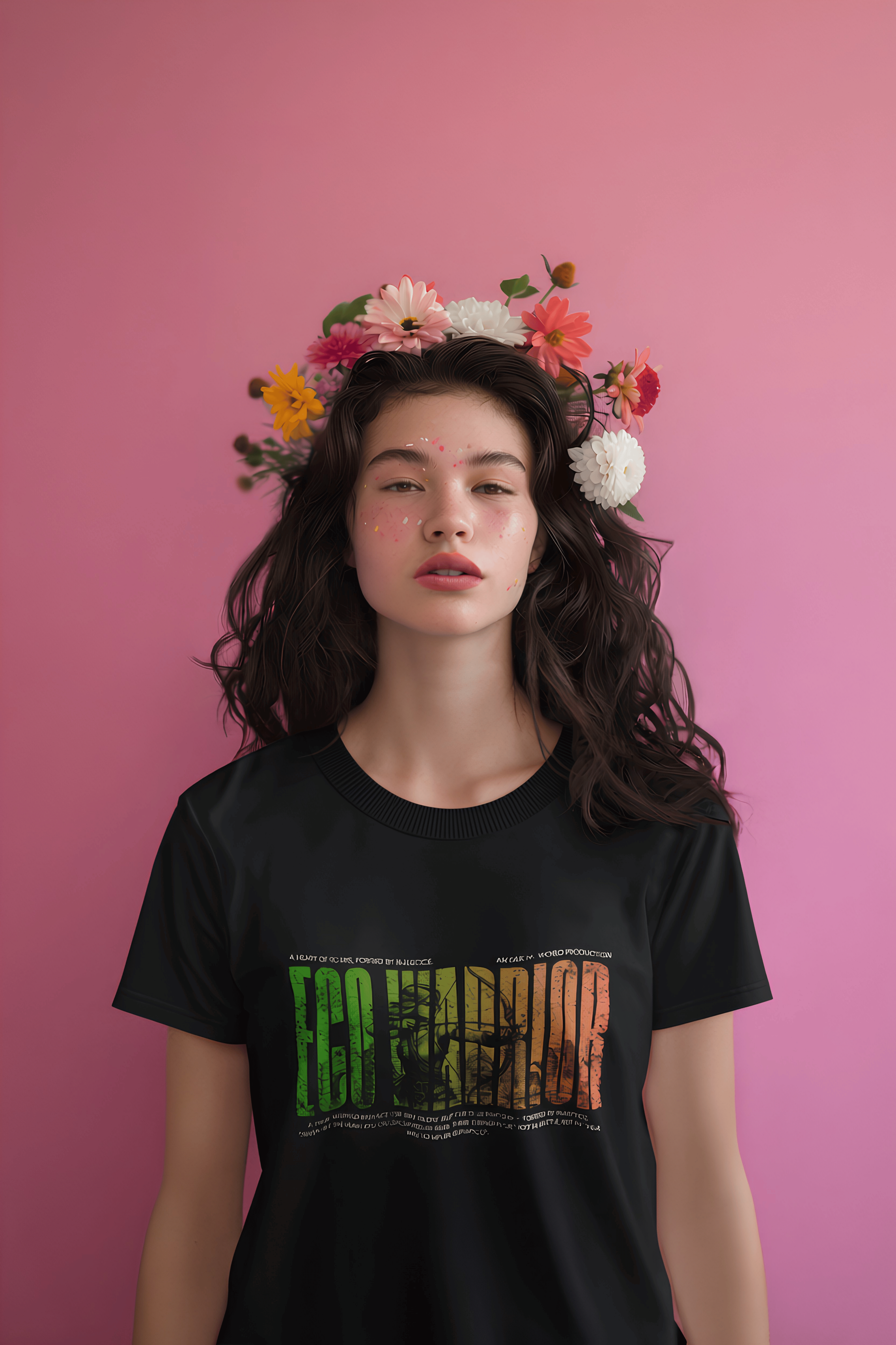 Black crew-neck T-shirt with colorful front text graphic