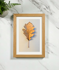 Framed botanical leaf art print with light wood frame and beige matte background