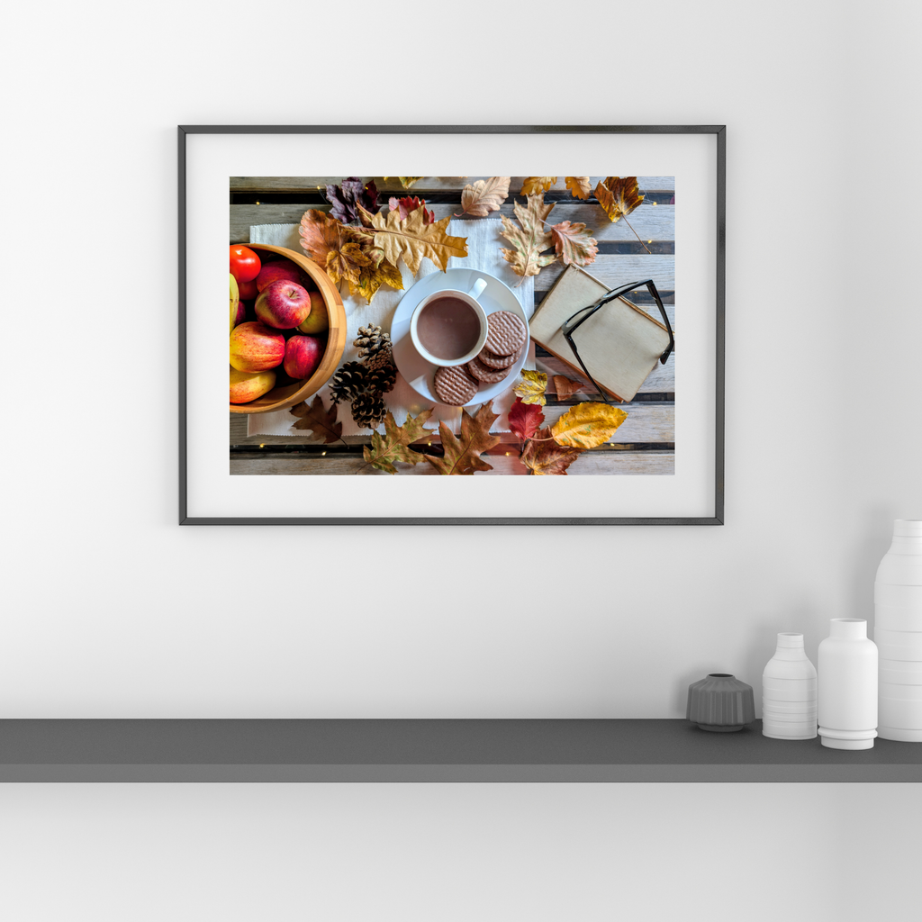 Cosy autumn kitchen cocoa scene digital photo download, warm seasonal lifestyle photography