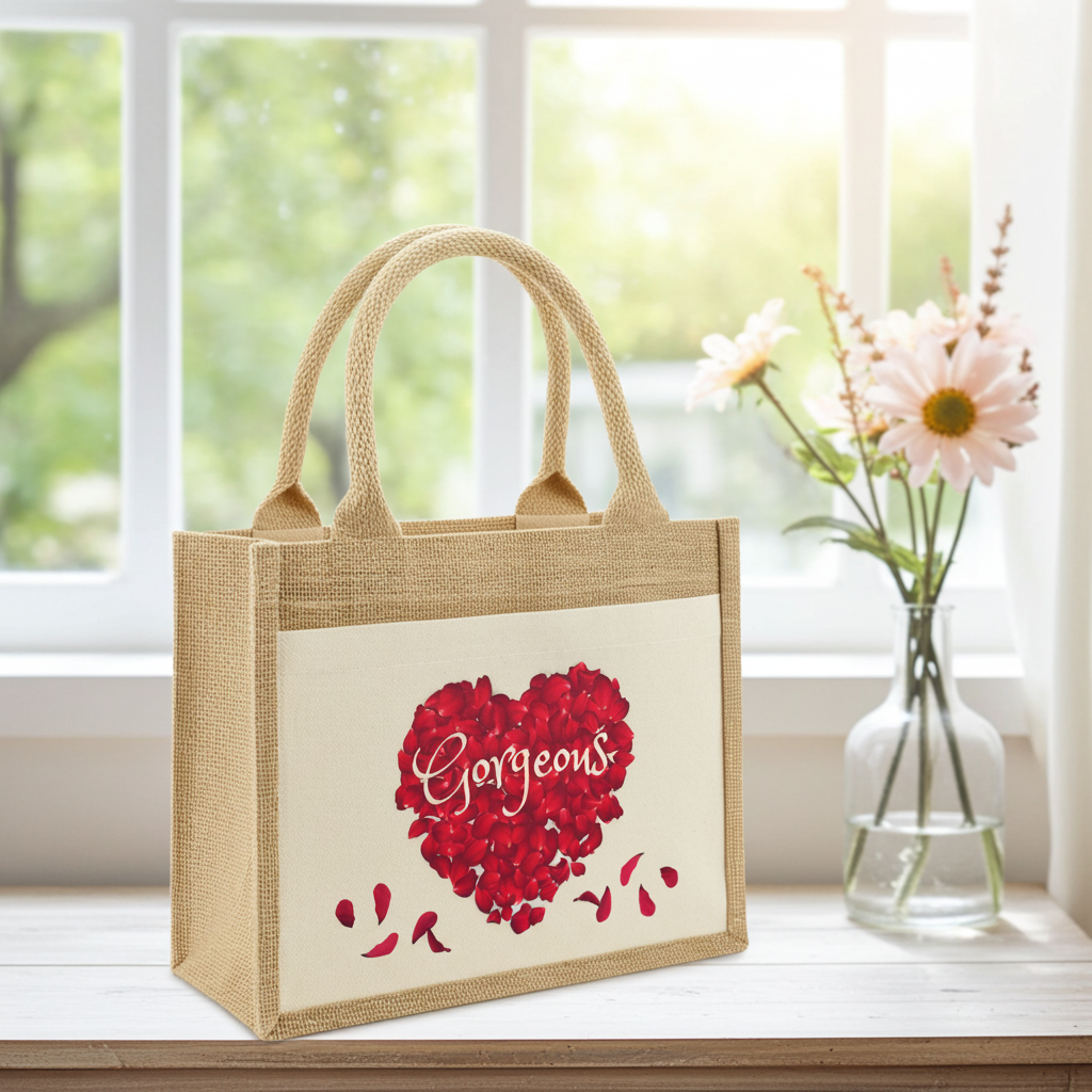 Westford Mill Cotton pocket jute gift bag: Gorgeous red rose petal heart