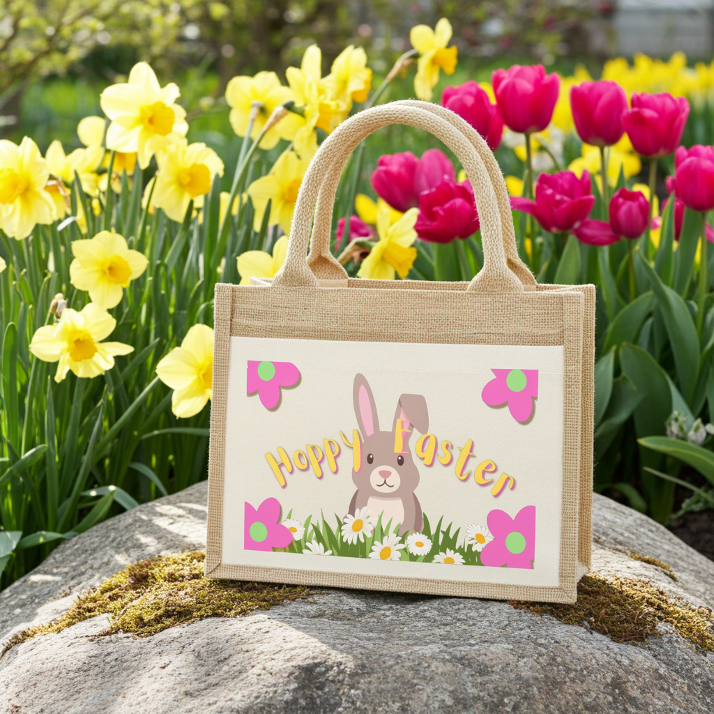 Westford Mill Cotton pocket jute gift bag: Hoppy Easter