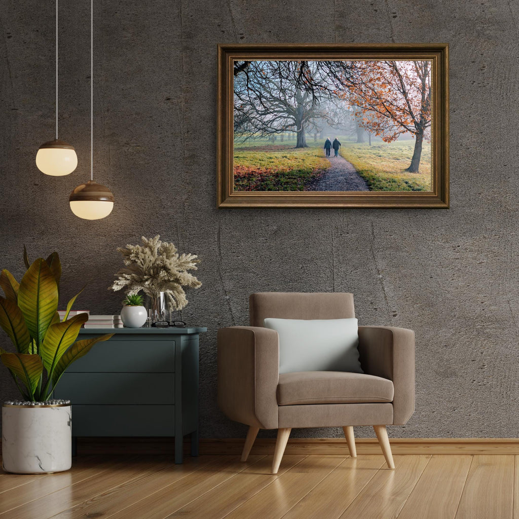 A morning walk in the misty park