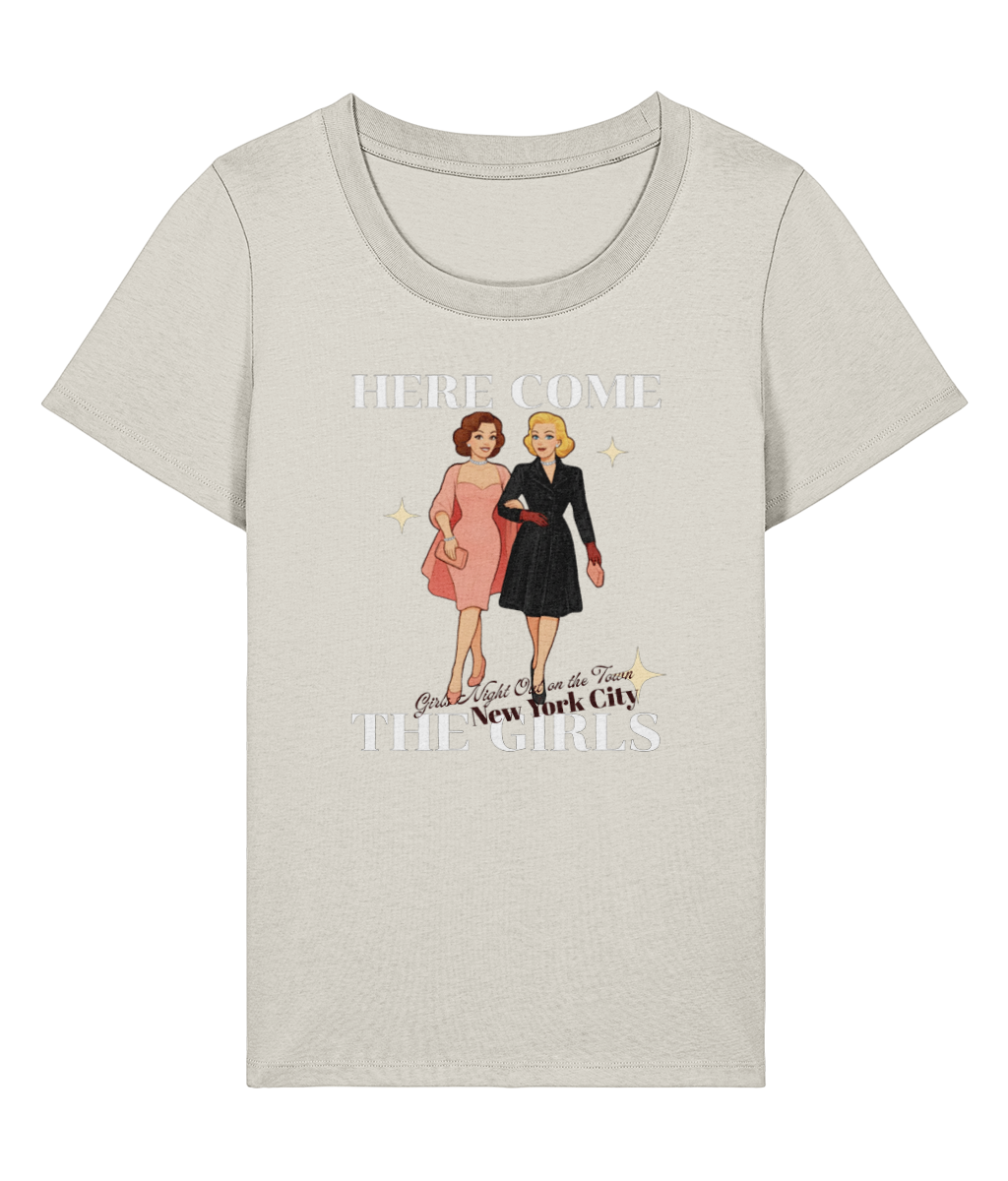 Here Come the Girls T-shirt `Stanley Stella Stella Expresser 2.0 Here Come the Girls women's organic cotton T-shirt, natural raw, front view`