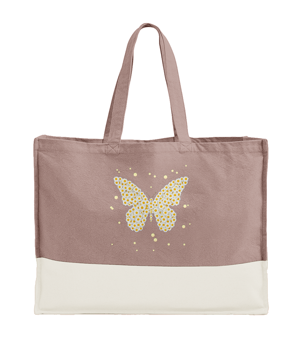 Tote bag in rose pink with white bottom stripe and sparkling butterfly floral print