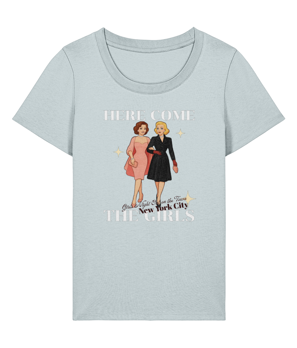 Here Come the Girls T-shirt `Stanley Stella Stella Expresser 2.0 Here Come the Girls women's organic cotton T-shirt, blue ice, front view`
