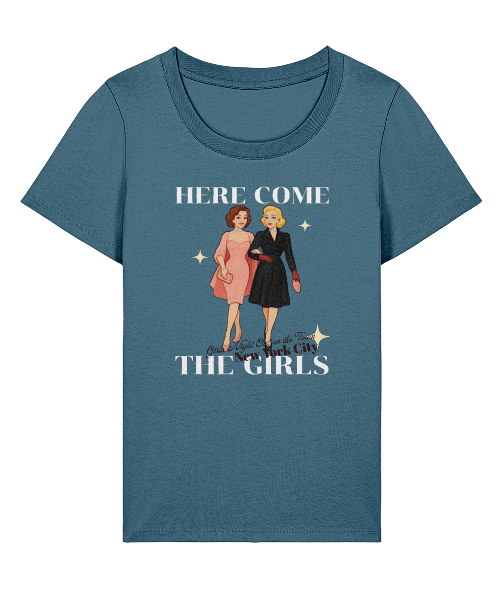 Here Come the Girls T-shirt `Stanley Stella Stella Expresser 2.0 Here Come the Girls women's organic cotton T-shirt, stargazer, front view`