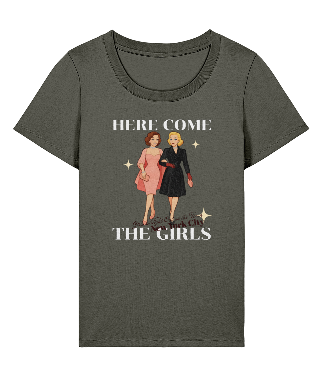 Here Come the Girls T-shirt `Stanley Stella Stella Expresser 2.0 Here Come the Girls women's organic cotton T-shirt, khaki, front view`