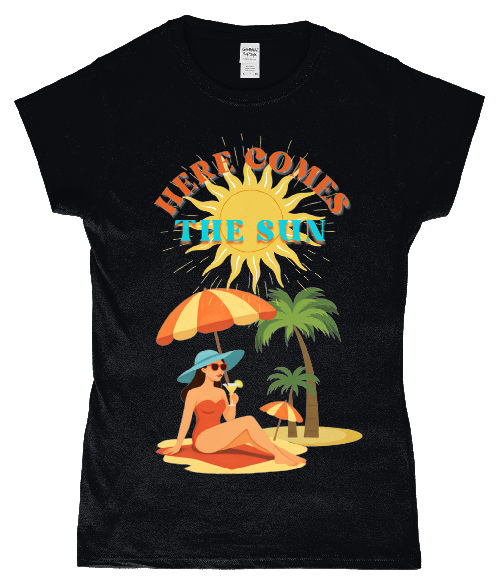 Here Comes the Sun T-shirt Gildan SoftStyle ladies fitted T-shirt Here Comes the Sun design, ringspun cotton, black, front view
