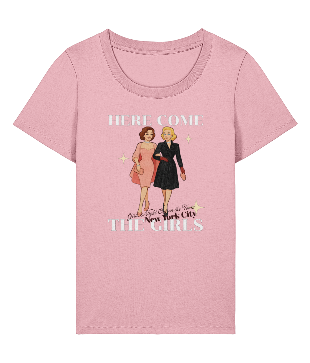 Here Come the Girls T-shirt `Stanley Stella Stella Expresser 2.0 Here Come the Girls women's organic cotton T-shirt, cotton pink, front view`